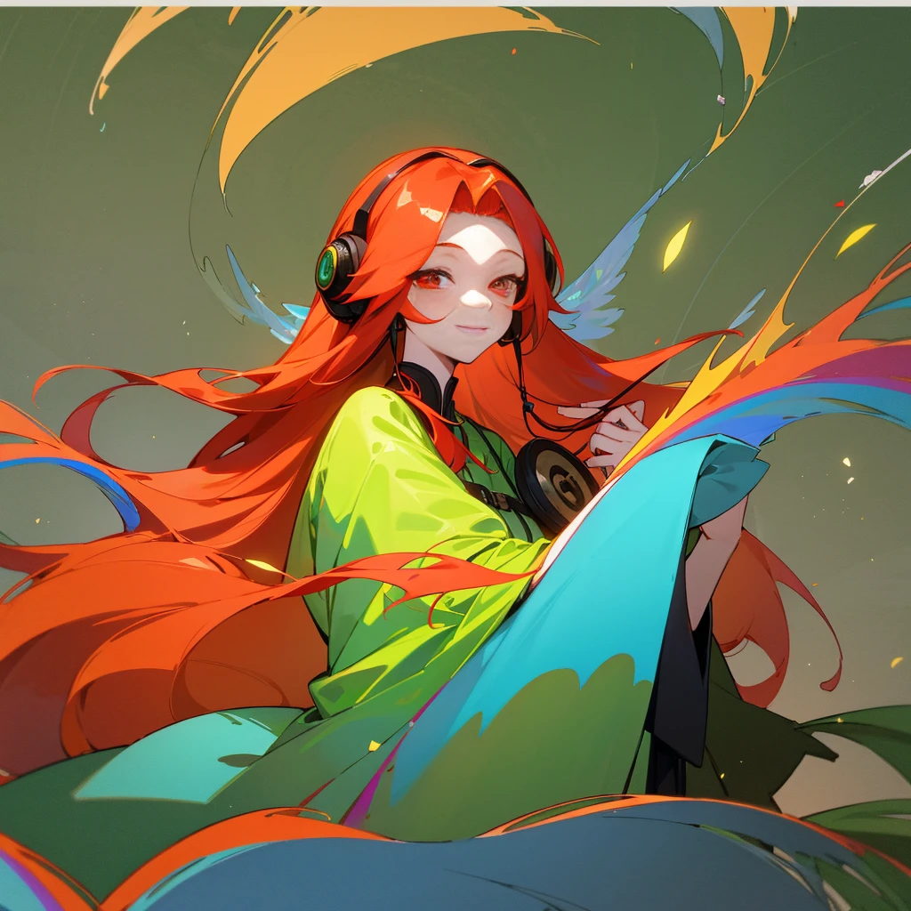 A young woman druid with long Red hair and eyes resembling a rainbow, listening to calm music on headphones, with a sexy smile, holding a sticky, dressed in florestal clothes in a chalet at a florest. An image that inspires calmness, tranquility, lightness, simplicity, and comfort.