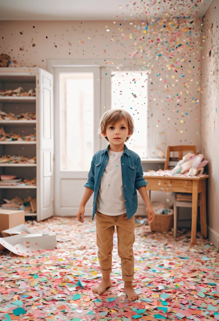 child in paper，torn confetti，Confetti scattered around the house，Beautiful home