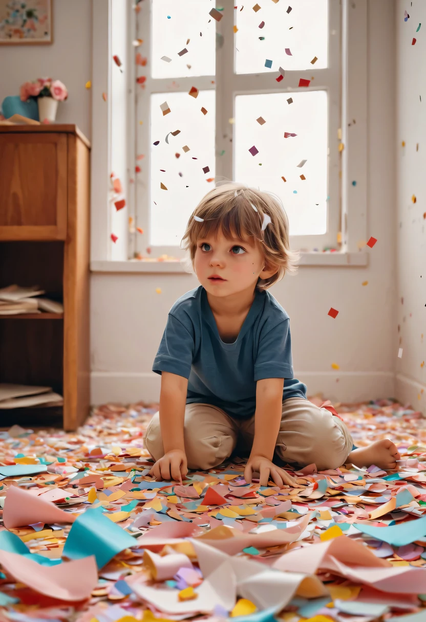 child in paper,torn confetti,Confetti scattered around the house,