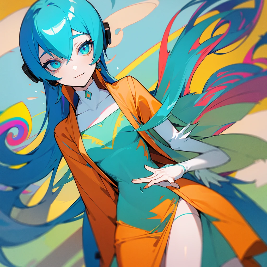 A young woman with tied aqua cyan blue hair and eyes that resemble a rainbow, listening to calm music on headphones, com um sorriso sexy, segurando uma bebida gelada, vestido com roupas leves tropicais, in a chalet on the beach. Uma imagem que inspira calma, tranquility, leveza, simplicidade, e conforto.