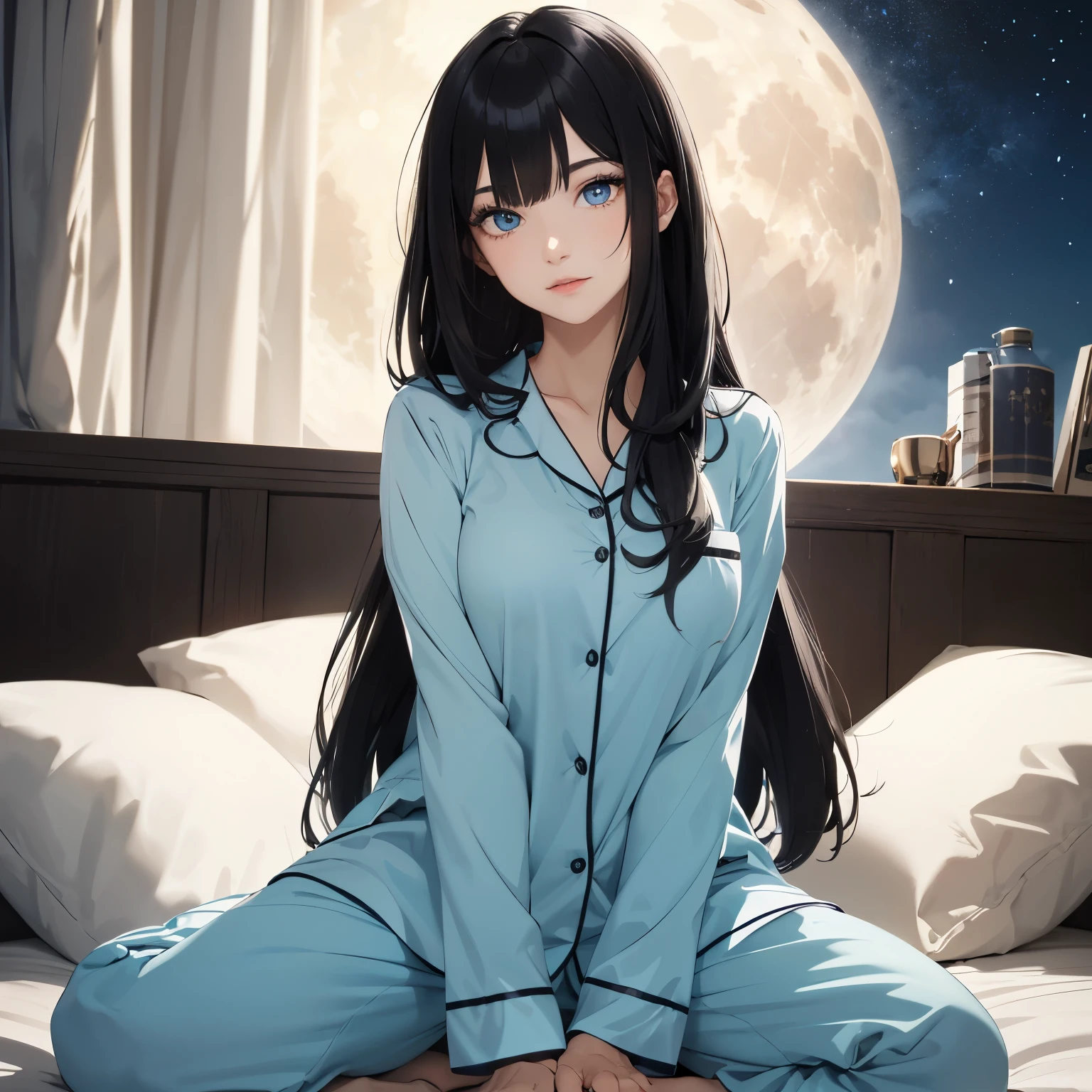 absurderes, ultra-detailliert,bright colour,(in 8K:1.3),masuter piece,extremely beautiful detailed face and eyes, 25 years old,(Smooth straight black hair:1.3), (Shiny straight long hair:1.2),(Pattsun bangs:1.2) Delicate beautiful face, red blush、(Deep blue eyes:1 pajamas outfit:1.3), night time, Natural Nice Spot, Detailed face, big moon background.