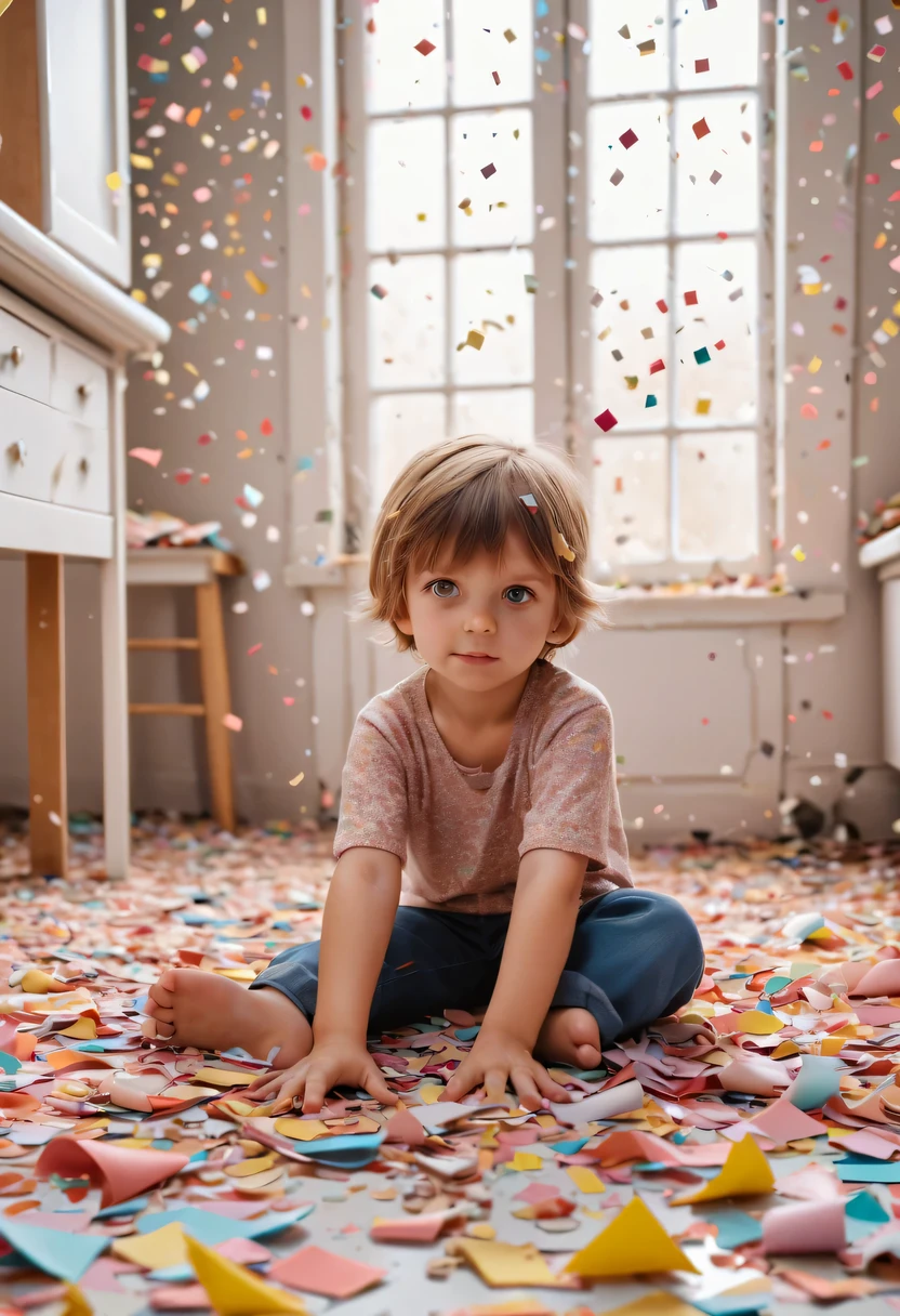 child in paper,torn confetti,Confetti scattered around the house,