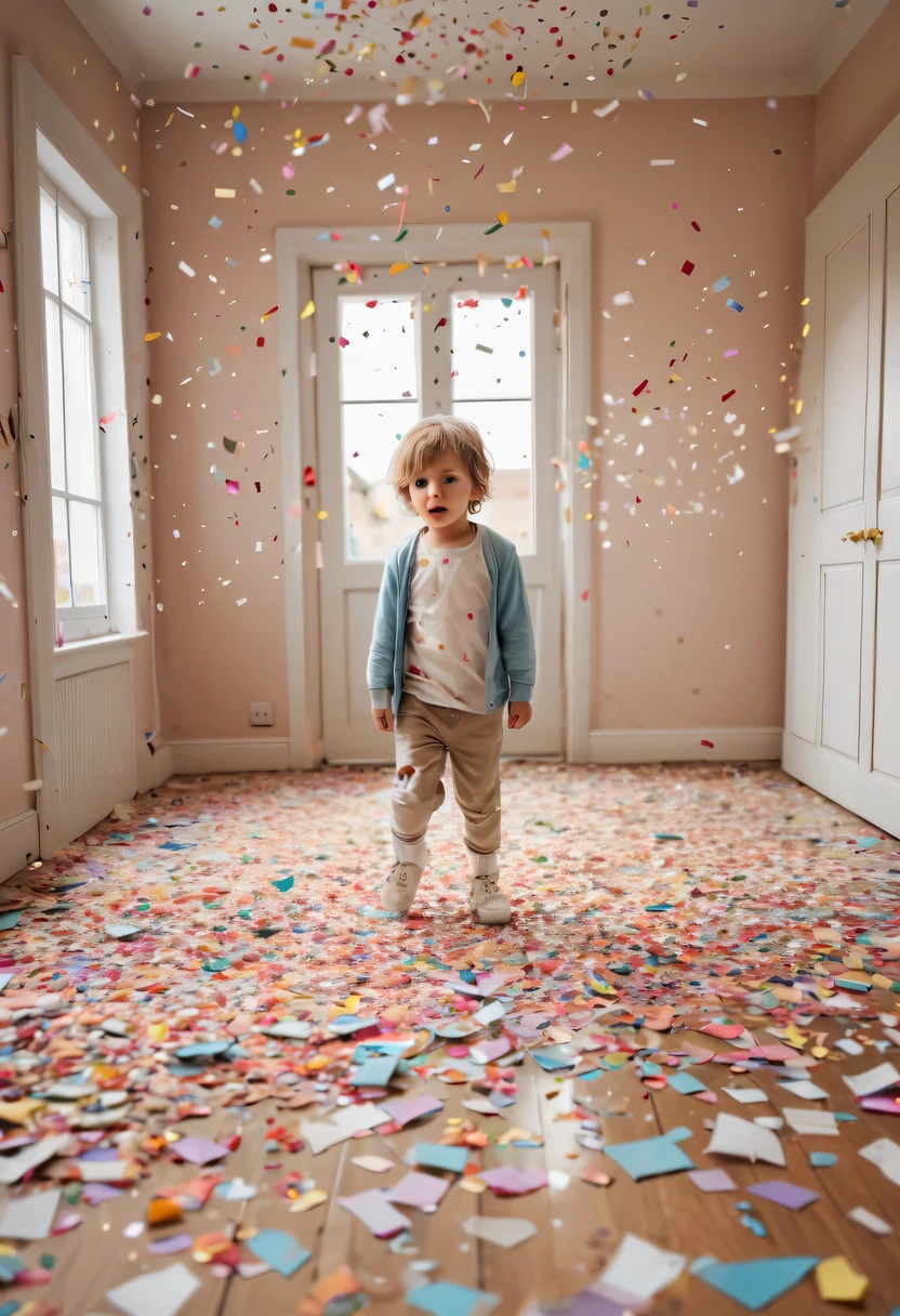 child in paper,torn confetti,Confetti scattered around the house,