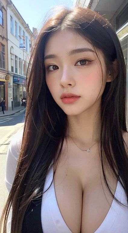 ((best qualtiy, 8K, tmasterpiece:1.3)), Sharp:1.2, perfect figure beautiful woman:1.4, Slim abs:1.2, ((Layered Hair Style, huge tit:1.3,cleavage:1.2)), (A long shirt with transparent wet black buttons:1.1),(Sateen,the street:1.2),Highly detailed facial and skin texture,A detailed eye,二重まぶた,Look sideways at the camera
