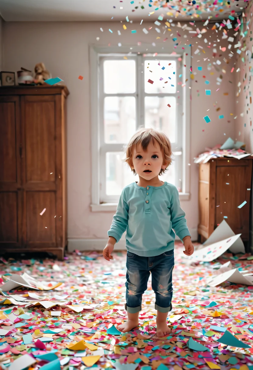 child in paper，torn confetti，Confetti scattered around the house，