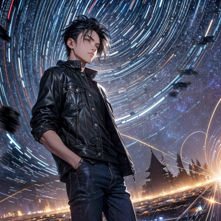 Best Quality, 8K, Masterpiece: 1.3)), landscape, morning shoot, star trail, slow speed, standing young man with black hair and face mask, sitting on super car black jeans, look at the stars, amazing scenery, (rotating star trails:1.4),(long exposures:1.3),dreamy scenes,extreme beauty,dim light,