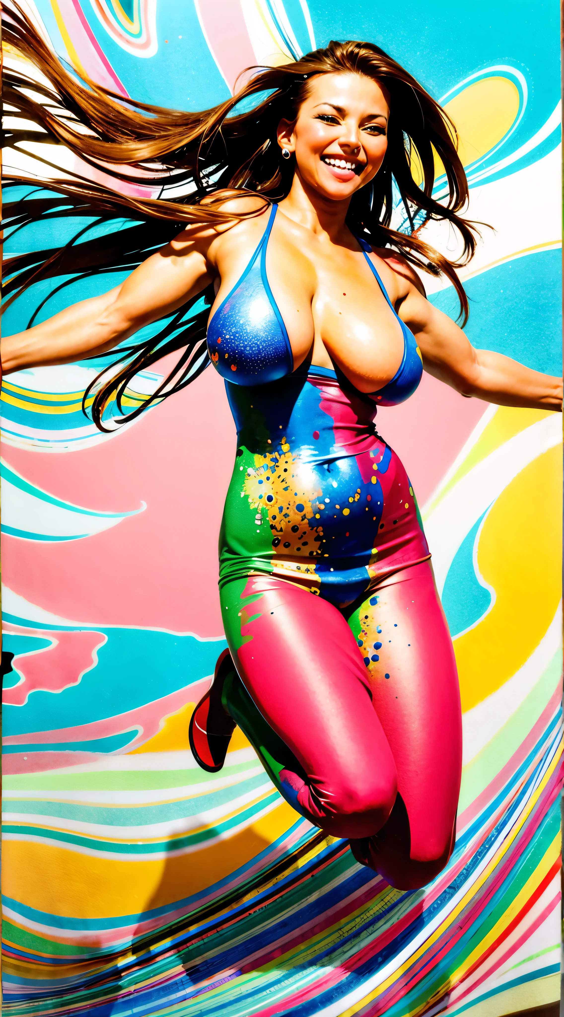 (4k, masterpiece highres, best quality, UHD) 1girl, brown hair, open smile, ((large breasts)), stretched arms, standing, flying (hovering above gound), full body. colorful background, paint splatters background, vivid colors, strong lines, watercolor art