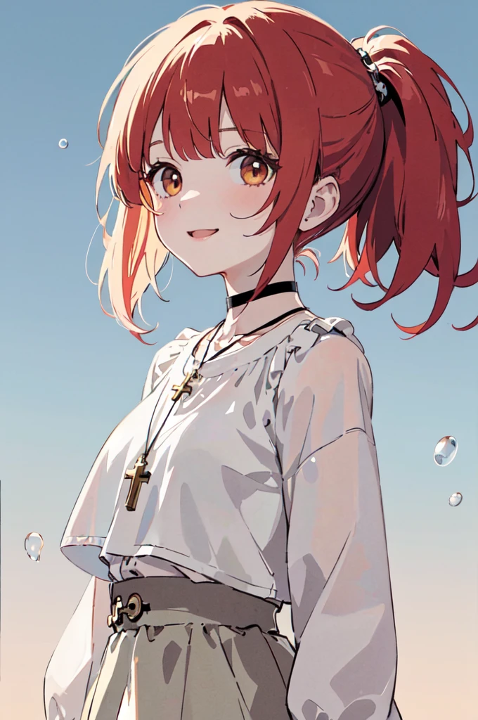 (masterpiece), (best quality), (ultra detailed),(disheveled hair),(illustration), (1girl), (Fashionable clothing), standing, Fashion model, looking at viewer, (interview), (simple background),beautiful brown eyes, delicate beautiful face, Floating,(high saturation),(colorful splashes),colorful bubble,(shining), focus on face, ponytail, kamisato ayaka, red hair, bangs, short hair, (shining), best lighting, best shadow. catholic cross necklace. smiling