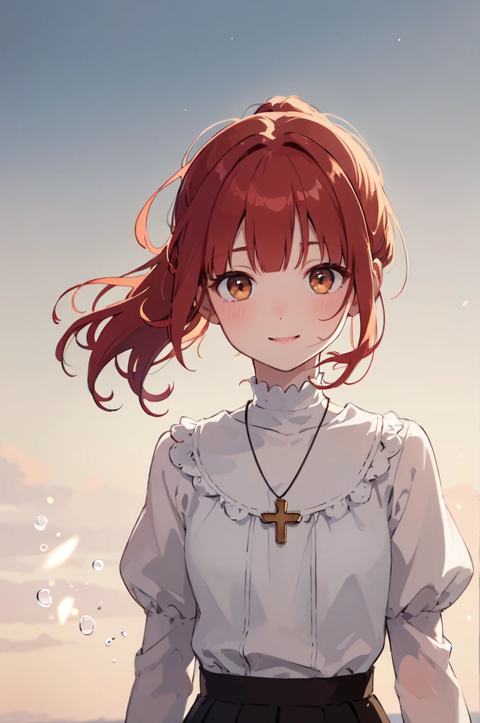 (masterpiece), (best quality), (ultra detailed),(disheveled hair),(illustration), (1girl), (Fashionable clothing), standing, Fashion model, looking at viewer, (interview), (simple background),beautiful brown eyes, delicate beautiful face, Floating,(high saturation),(colorful splashes),colorful bubble,(shining), focus on face, ponytail, kamisato ayaka, red hair, bangs, short hair, (shining), best lighting, best shadow. catholic cross necklace. smiling