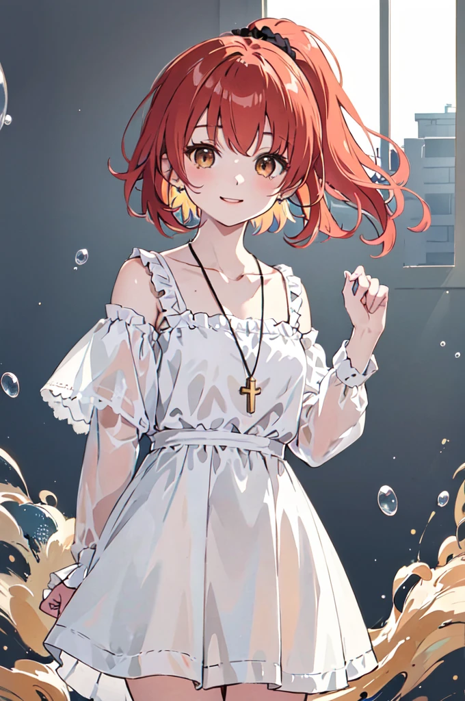(masterpiece), (best quality), (ultra detailed),(disheveled hair),(illustration), (1girl), (Fashionable clothing), standing, Fashion model, looking at viewer, (interview), (simple background),beautiful brown eyes, delicate beautiful face, Floating,(high saturation),(colorful splashes),colorful bubble,(shining), focus on face, ponytail, kamisato ayaka, red hair, bangs, short hair, (shining), best lighting, best shadow. catholic cross necklace. smiling