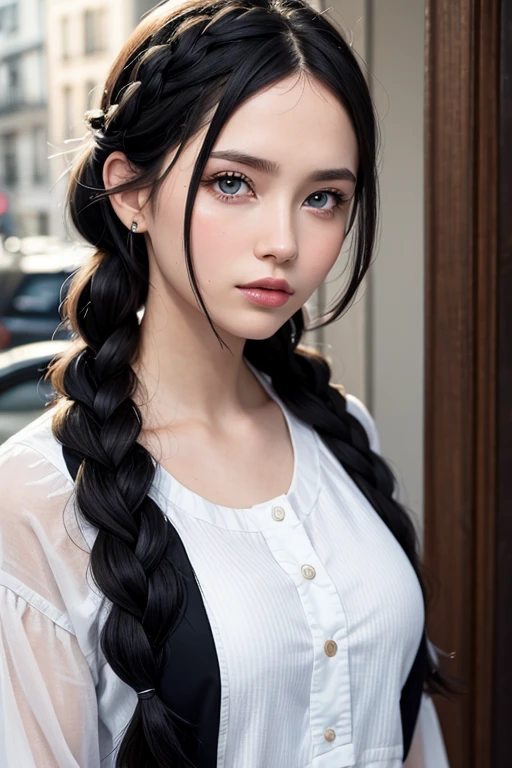best quality, masterpiece,black hair, blue eyes,thin clothes, looking up, upper body,hair strand,Fair skin,side braids