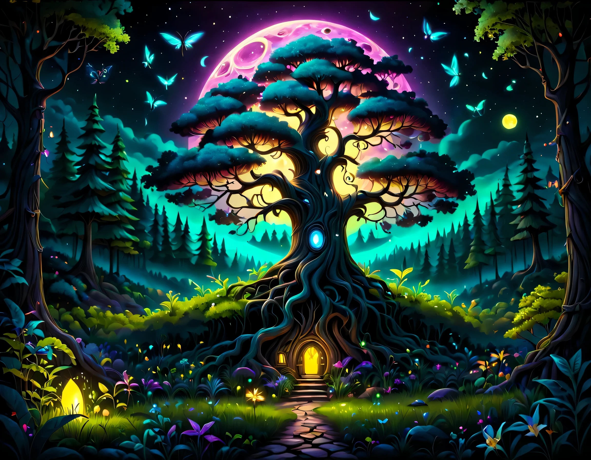 Fantasy world, forest magical tree, tree of life, firefly, full moon midnight, neon magical colors. The artwork is of the highest quality, with a resolution of 4k, capturing every minute detail. The scene is bathed in the magical ambiance of the moonlight, fantasy world, casting a serene glow over the entire artwork. The combination of the neon lights and the moonlight creates a captivating contrast and adds a touch of mystery to the composition.