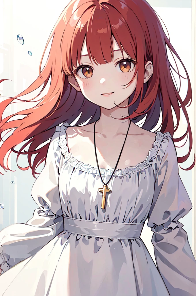 (masterpiece), (best quality), (ultra detailed),(disheveled hair),(illustration), (1woman), (Fashionable clothing), standing, Fashion model, looking at viewer, (interview), (simple background),beautiful brown eyes, delicate beautiful face, Floating,(high saturation),(colorful splashes),colorful bubble,(shining), focus on face, kamisato ayaka, red hair, bangs, short hair, (shining), best lighting, best shadow. catholic cross necklace. smiling