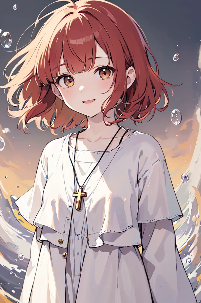 (masterpiece), (best quality), (ultra detailed),(disheveled hair),(illustration), (1woman), (Fashionable clothing), standing, Fashion model, looking at viewer, (interview), (simple background),beautiful brown eyes, delicate beautiful face, Floating,(high saturation),(colorful splashes),colorful bubble,(shining), focus on face, kamisato ayaka, red hair, bangs, short hair, (shining), best lighting, best shadow. catholic cross necklace. smiling