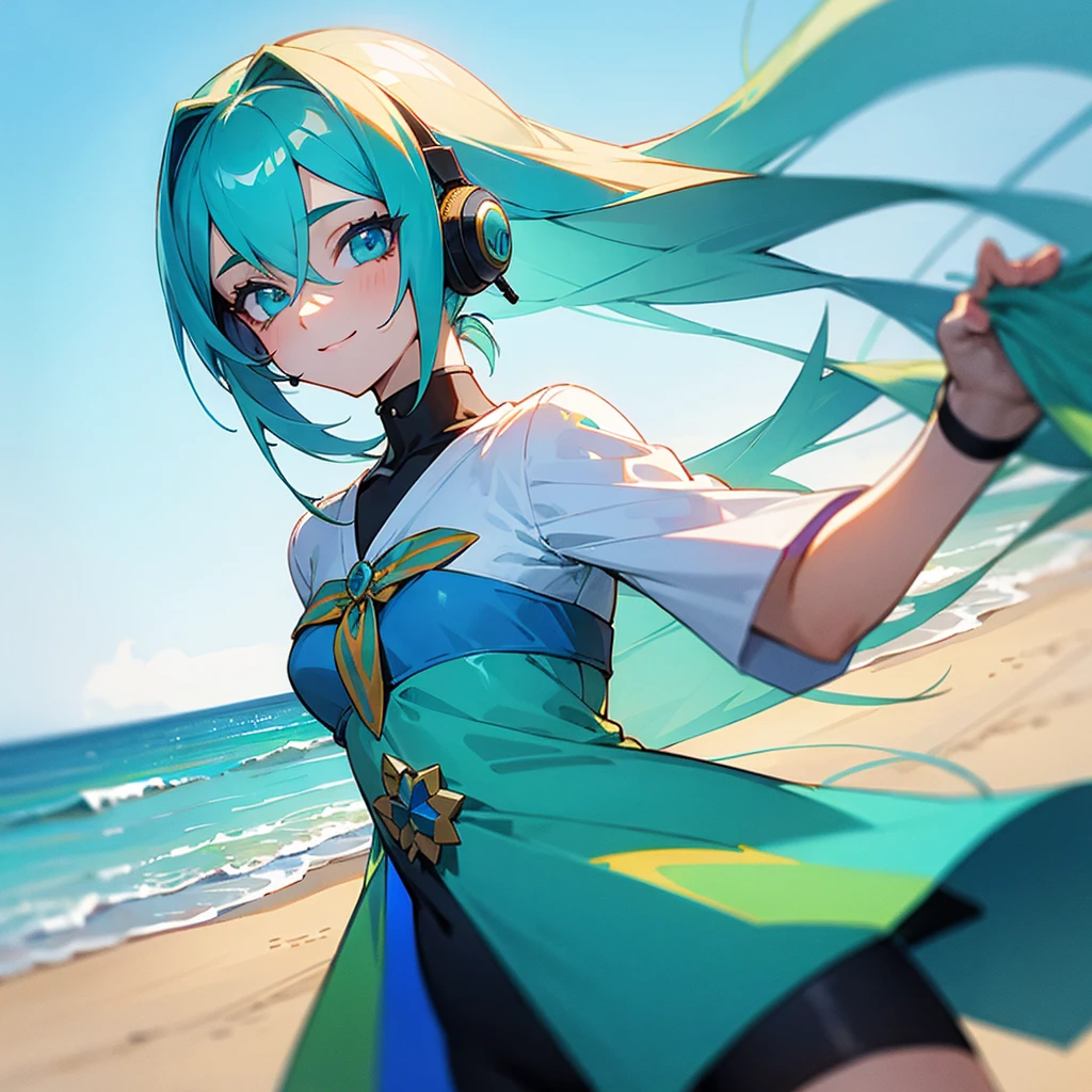 ((masterpiece)), Girl,Long hair,blue hair,smiling,Shirt,medium breast,on the beach,berdiri,(1:2 normal skin),{{masterpiece}}, best quality, extremely detailed CG unity 8k wallpaper, cinematic lighting, lens flare, beautiful detail eyes, side glance, multicolor hair, colorful light, particles,