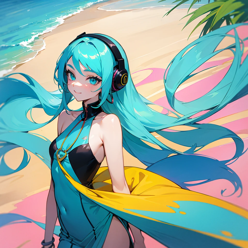 A young woman with tied aqua cyan blue hair and eyes that resemble a rainbow, listening to calm music on headphones, com um sorriso sexy, segurando uma bebida gelada, vestido com roupas leves tropicais, in a chalet on the beach. Uma imagem que inspira calma, tranquility, leveza, simplicidade, e conforto.