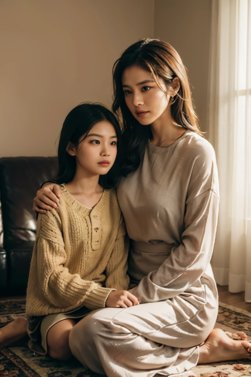 A wise, middle-aged woman from Indonesia, clad in traditional attire, sat cross-legged on the plush living room rug. Her wrinkled face bore the marks of time and experience, and her dark, almond-shaped eyes gleamed with a deep sense of understanding. Beside her, her 20-year-old daughter, adorned in contemporary western clothing, listened attentively with furrowed brows. The room was bathed in a warm, golden light filtering through the curtains, casting long, gentle shadows upon the woman's serene features. Their conversation was filled with tender moments, profound wisdom, and the palpable bond between mother and daughter.
