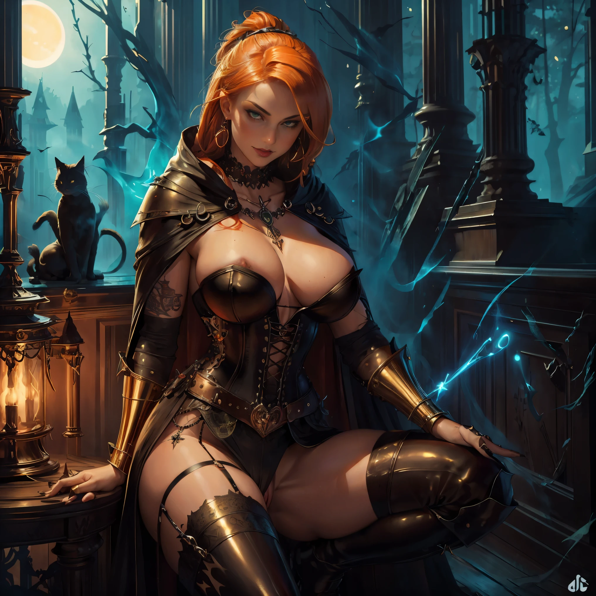 beautiful sensual nude and erotic woman with massive breasts. The breasts are not covered by anything. Red full lips. full body view. 1girl, close up, moonlight, witch costume, gold neck jewelry, body tattoos, short hair, gown dress, pumpkin village, ceremonial cape, gothic corset, halloween forest, gold, amulets, glowing cauldron, gothic piercings and tattoos, white tribal top, green eyes, orange hair, shy smile, freckles, redhead, beautiful girl, large breasts, thigh high boots, ultra detailed, realistic, fantasy art, garter belt, holding a wand, black cat,