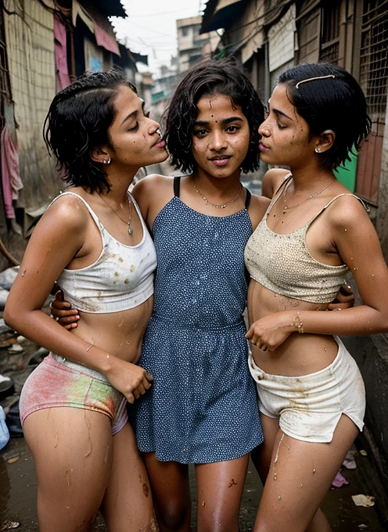 Desi girl and her two friends kissing in dharavi slum.(3 girls). Wet. Covered in poop.Short hair. Bindi. Dirty body. Dirty butt. Nose ring.