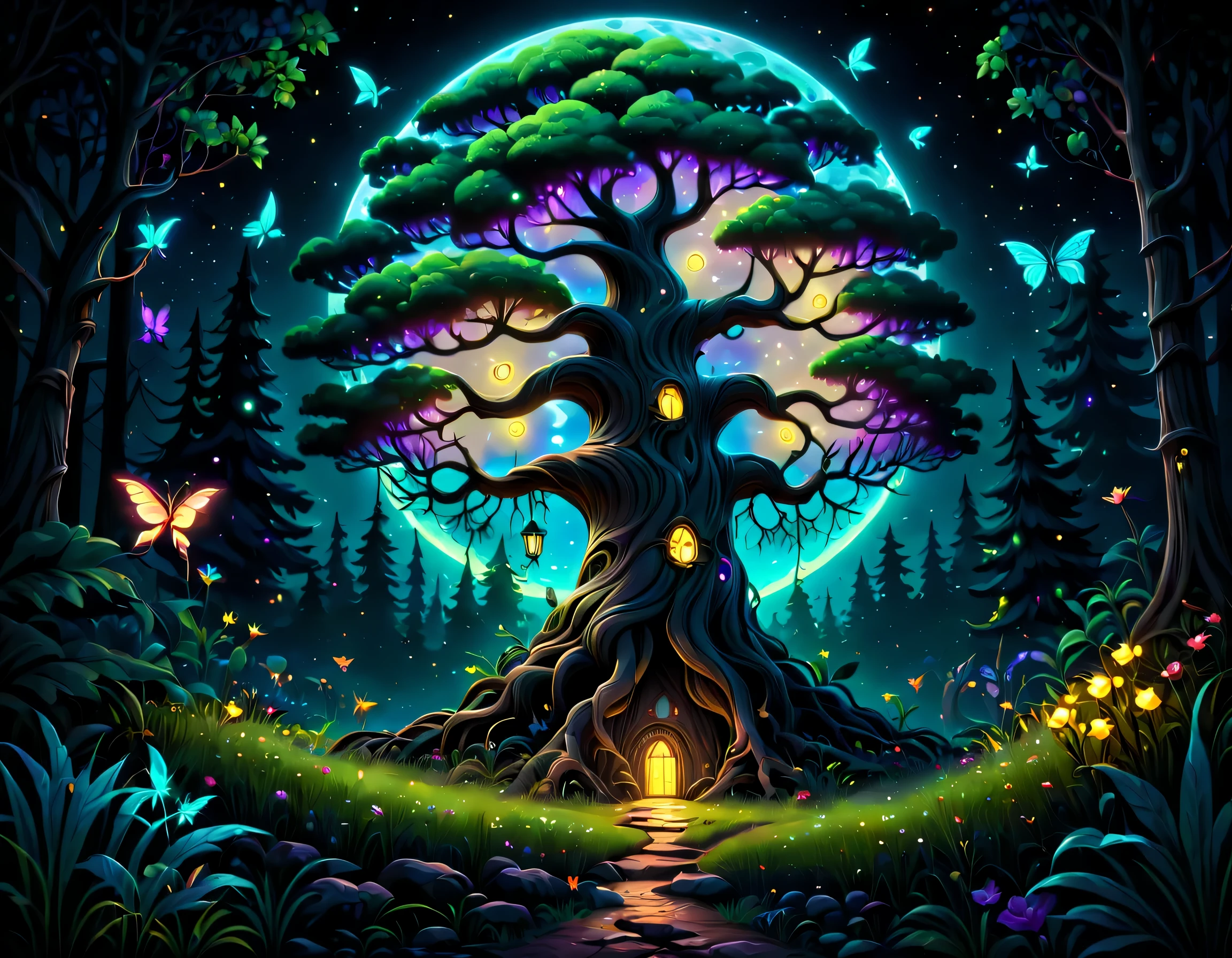 Fantasy world, forest magical tree, tree of life, firefly, full moon midnight, neon magical colors. The artwork is of the highest quality, with a resolution of 4k, capturing every minute detail. The scene is bathed in the magical ambiance of the moonlight, fantasy world, casting a serene glow over the entire artwork. The combination of the neon lights and the moonlight creates a captivating contrast and adds a touch of mystery to the composition.