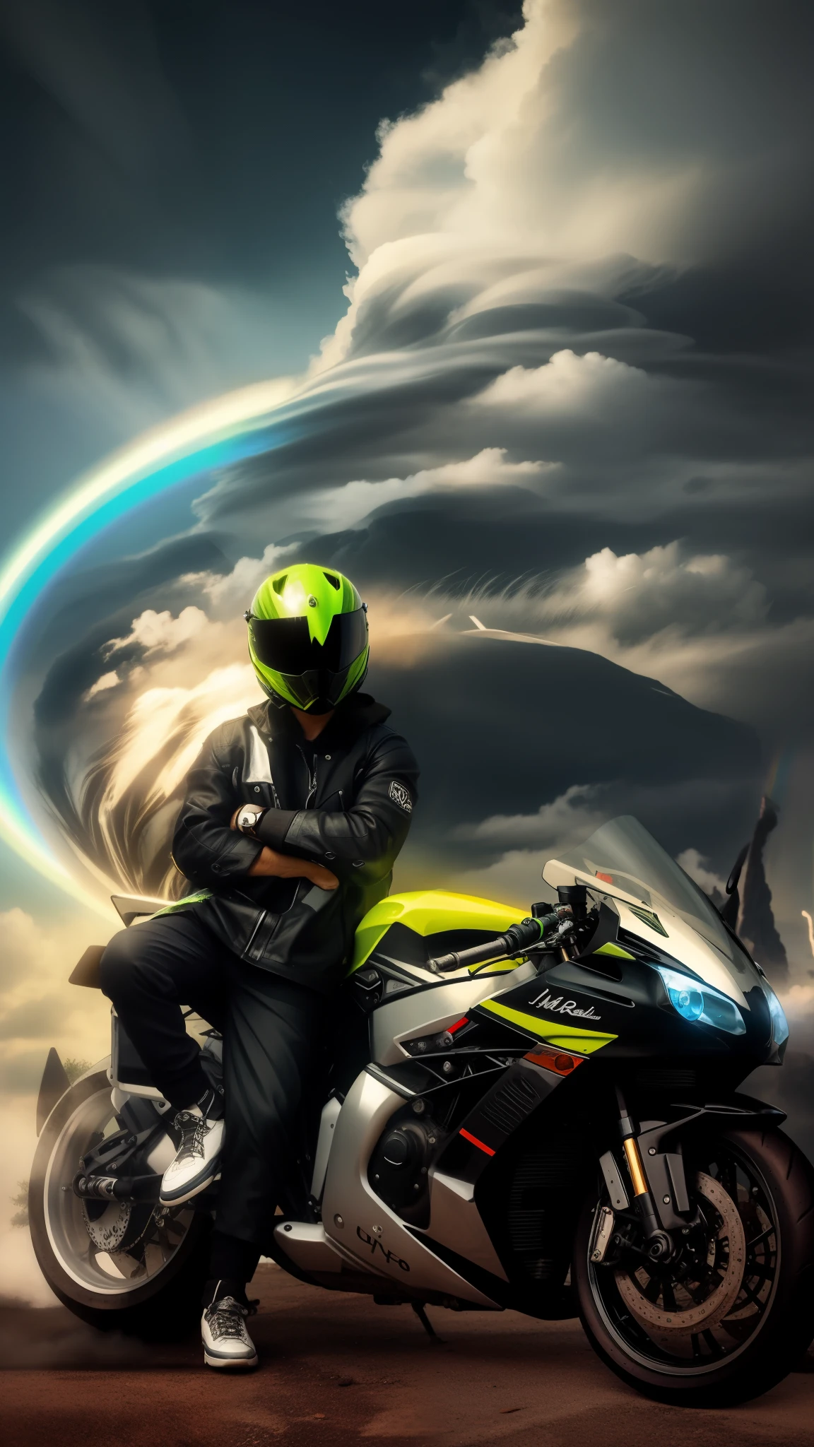 arafed man sitting on a green motorcycle in front of a rainbow, wraiths riding in the sky, lonely rider, motorbiker, picture of a male biker, riding in the sky, sitting on cyberpunk motorbike, badass composition, biker, aetherpunk airbrush digital art, riding a motorcycle, motorcycles, motorcycle, inspired by Cam Sykes, very epic atmosphere