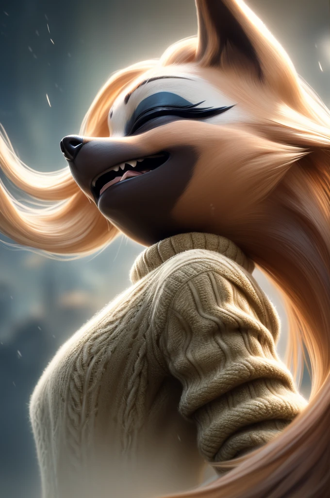 (best quality,4k,highres,masterpiece:1.2),ultra-detailed,(realistic,photorealistic,photo-realistic:1.37),close-up,Whisper the wolf,happy expression,happiness radiating,showing fangs,(black,warm black,stylish black,cozy black:1.1),sweater,eyes closed,

(flowy,flowing,silky,elegant:1.1),(long,beautiful,long-flowing,long-flowy,long-flowing:1.1) hair