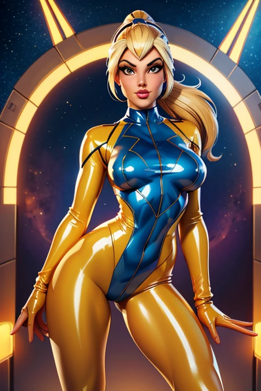 Best quality, 8K, woman retro super hero futurism, beautiful and detailed face, big eyelashes,LOOKING TO observer,ponytail,BLONDE hair,TRANSPARENT brown LATEX CATSUIT, metalic details, LIGHT TAN pantyhose, sheer TAN gloves,sci-fi RETRO SPACESHIP scenario