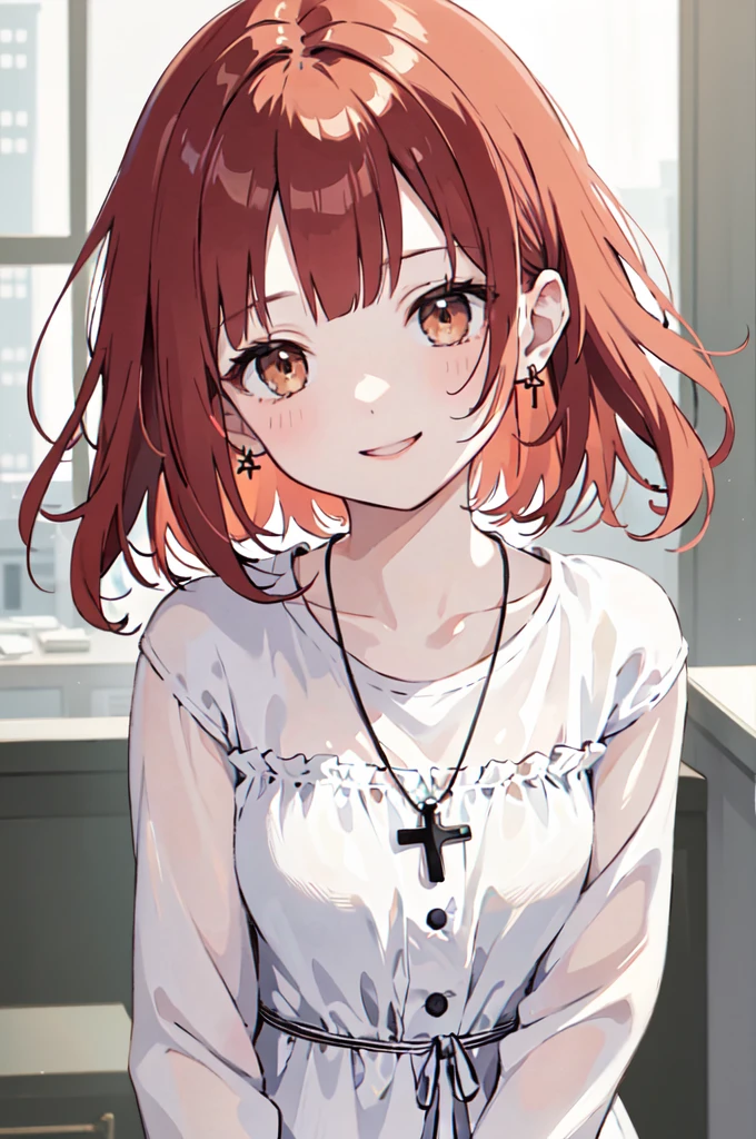 (masterpiece), (best quality), (ultra detailed),(disheveled hair),(illustration), (1woman), (Fashionable clothing), standing, Fashion model, looking at viewer, (interview), (casual background),beautiful brown eyes, delicate beautiful face, Floating,(high saturation),(colorful splashes),colorful bubble,(shining), focus on face, kamisato ayaka, red hair, bangs, short hair, (shining), best lighting, best shadow. catholic cross necklace. smiling (with her phone)