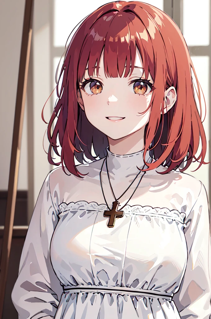 (masterpiece), (best quality), (ultra detailed),(disheveled hair),(illustration), (1woman), (Fashionable clothing), standing, Fashion model, looking at viewer, (interview), (casual background),beautiful brown eyes, delicate beautiful face, Floating,(high saturation),(colorful splashes),colorful bubble,(shining), focus on face, kamisato ayaka, red hair, bangs, short hair, (shining), best lighting, best shadow. catholic cross necklace. smiling (with her phone)