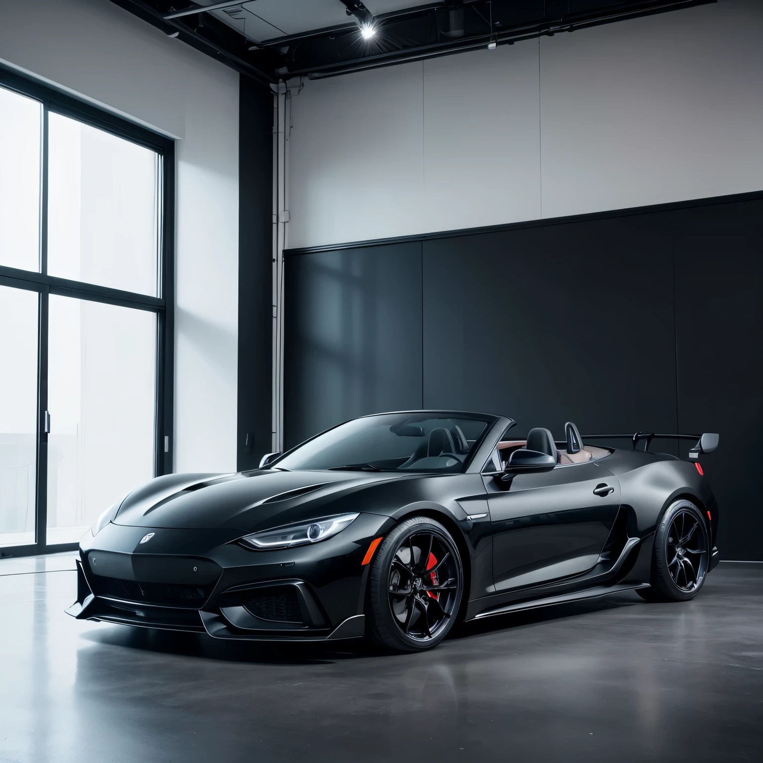 black sports car, modern, minimalistic, in a studio, 2 seater