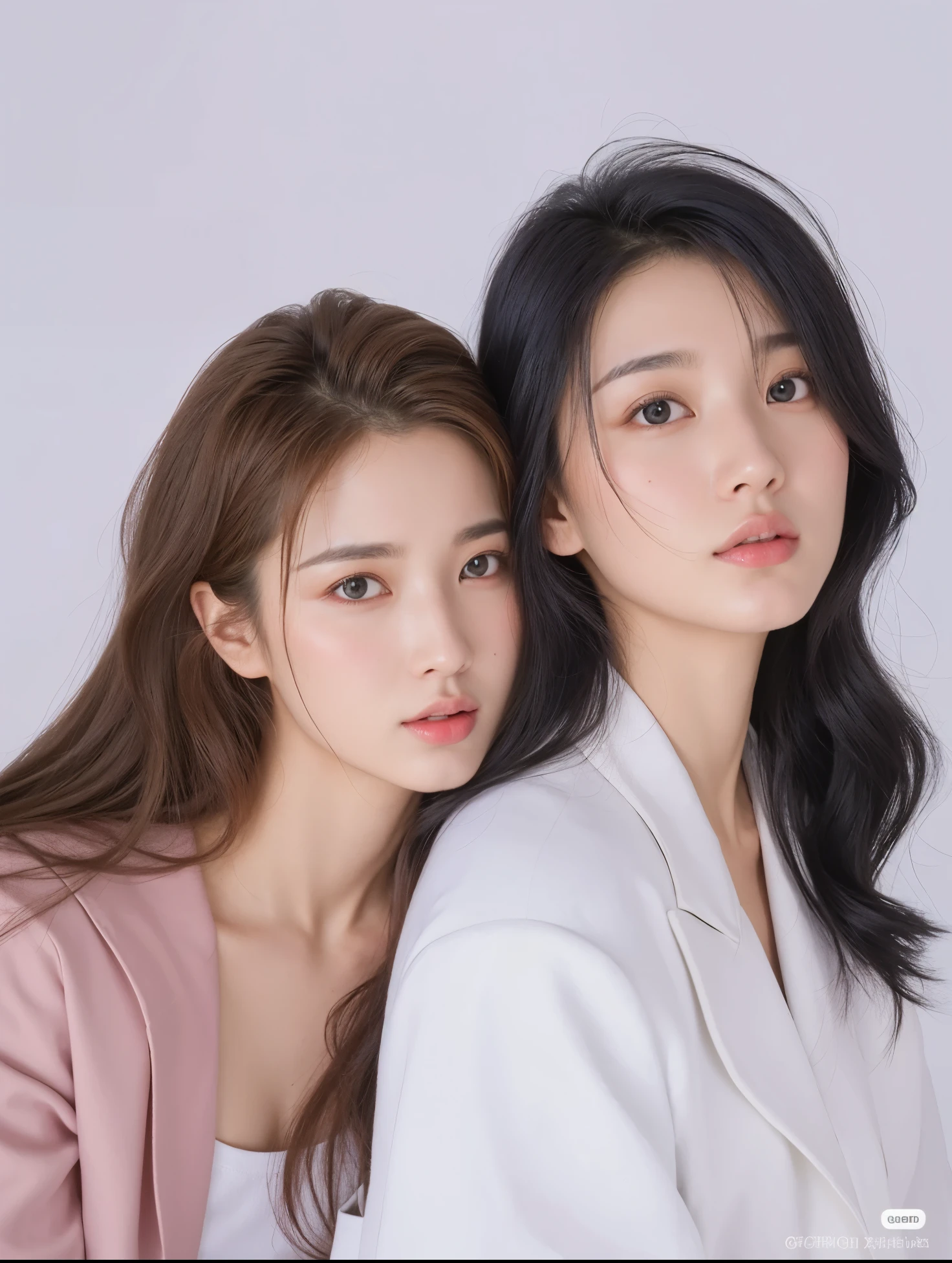 Duas jovens posando para uma foto com vestes brancas, maquiagem sul-coreana popular, maquiagem coreana popular, beautiful Gemini twins portrait, sakimichan, nixeu e sakimichan, cute sci-fi twins, beautiful Gemini twins, with a twin, por Ni Tian, Aesthetics of beautiful faces, rostos lindos, Yanjun Chengt, korean symmetrical face, Duas garotas