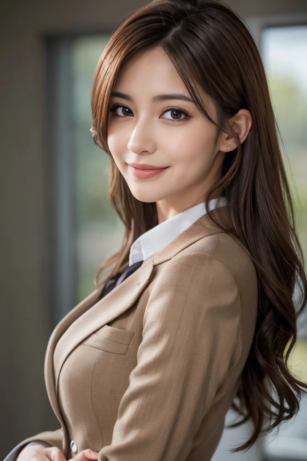 masutepiece, Best Quality, Photorealistic, Ultra-detailed, finely detail, High resolution, 8K Wallpaper, 1 beautiful woman,, light brown messy hair, in a business suit, foco nítido, Perfect dynamic composition, Beautiful detailed eyes, detailed hairs, Detailed realistic skin texture, Smiling, Close-up portrait, Model body type