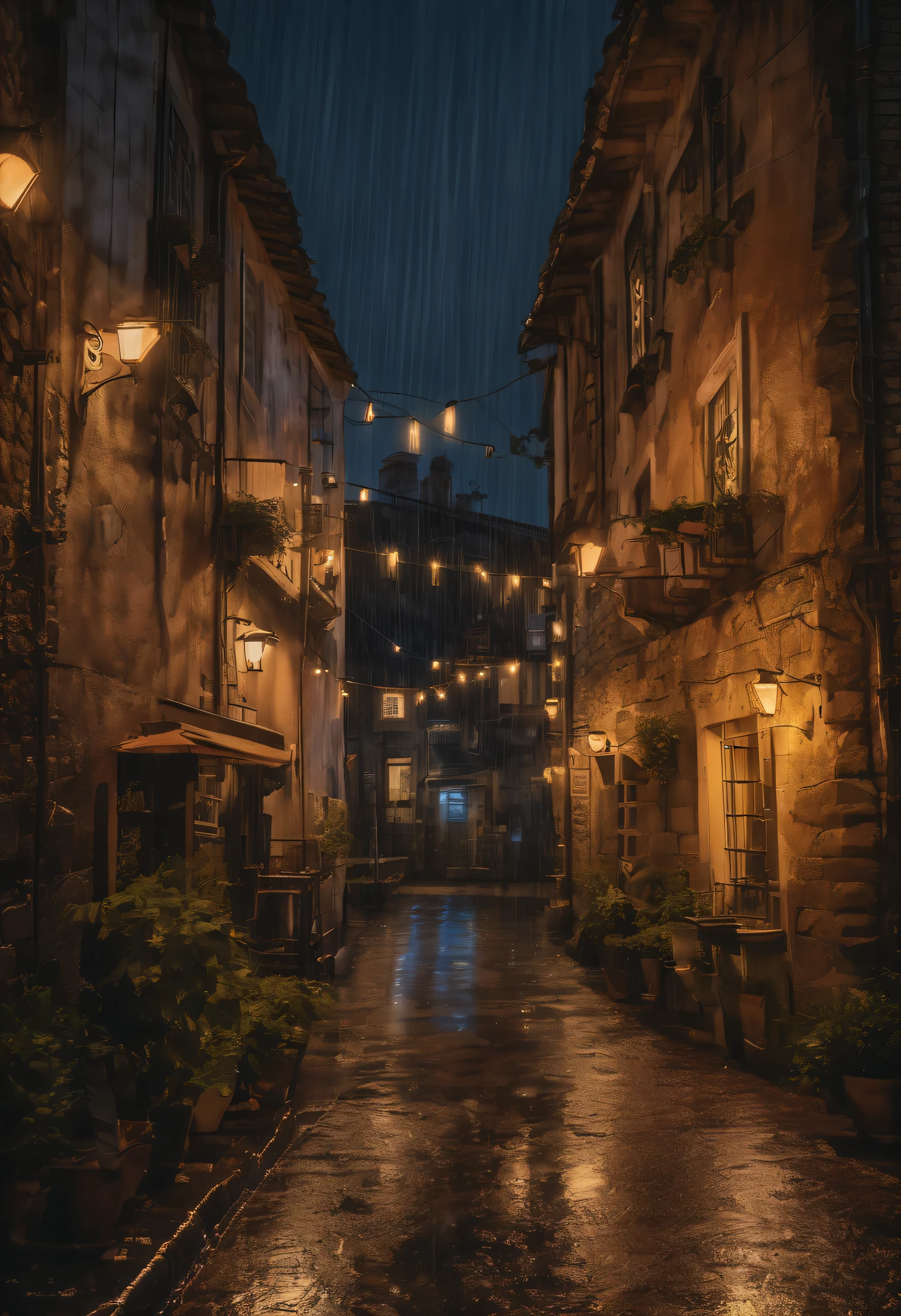 Personal view of a village with lots of lights on the buildings, Cidade interiar da inglaterra, english village, amazing wallpaper, Cidade inglesa , Vila inglesa, foto hiper realista de uma cidade, velho english village, por Raymond Han, noite chuvosa, castelo antigo cyberpunk, beautifully lit buildings, at evening during rain, beautiful and aesthetic, fotografia, cinematographic, 8k, altamente detalhado ((chuva pesada)))