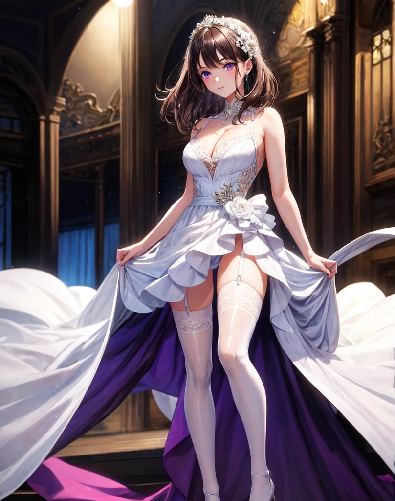 Ridiculous, high resolution, super detailed, (1 girl: 1.3),
High fork swimsuit, white tutu pantyhose, purple tutu, looming feet, bright classroom, slim, pretty dream girl, looming bright purple thigh socks, silky texture, lace stocking edge, real photo, detailed eyes, pretty eyes, blush, full body perspective, detailed face, big boobs, real photos, realistic human body, realistic skin texture, cleavage: 1.4, perfect light, perfect thighs, perfect calves, detailed face