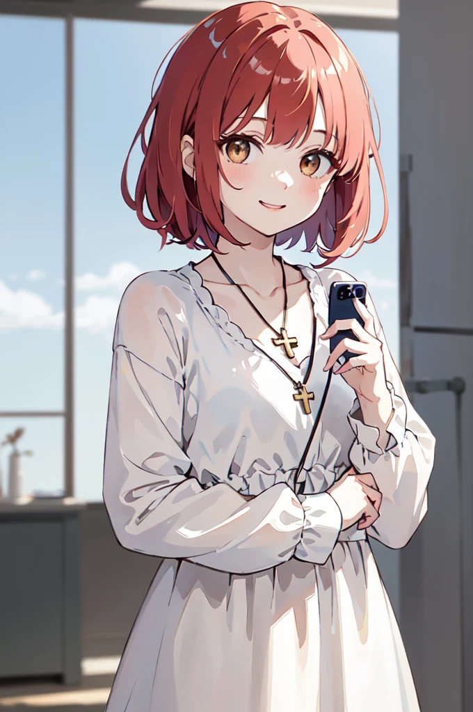(masterpiece), (best quality), (ultra detailed),(disheveled hair),(illustration), (1woman), (casual clothing), standing, Fashion model, looking at viewer, (interview), (casual background),beautiful brown eyes, delicate beautiful face, ,(high saturation),(colorful splashes),colorful bubble,(shining), focus on face, kamisato ayaka, red hair, bangs, short hair, (shining), best lighting, best shadow. catholic cross necklace. smiling (with her phone)