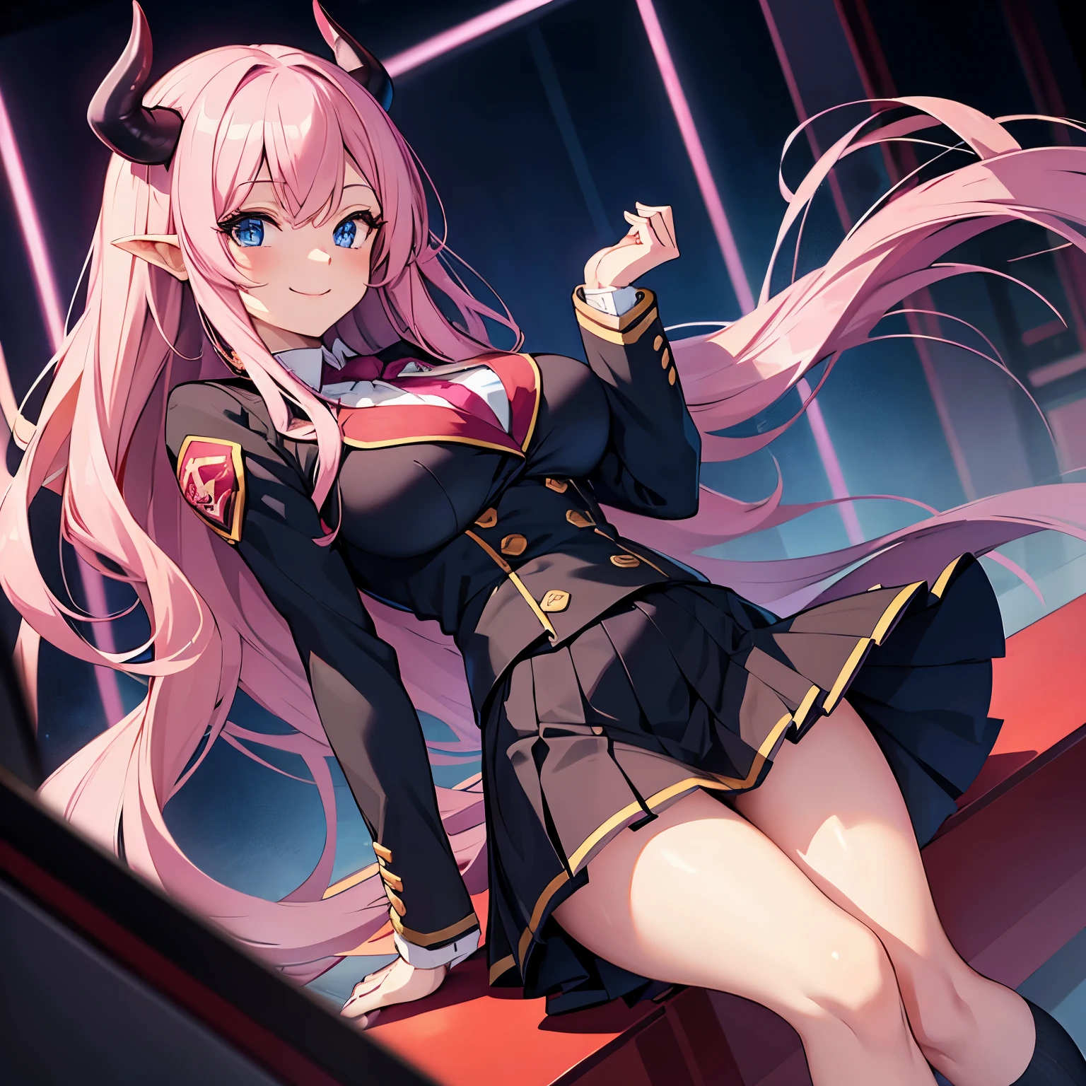A succubus girl with long pink hair, blue eyes, high school uniform, skirt, large breasts, smiling.