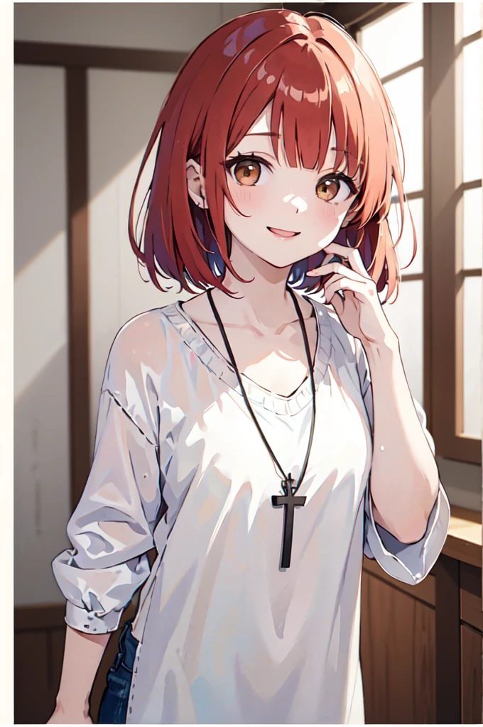(masterpiece), (best quality), (ultra detailed),(disheveled hair),(illustration), (1woman), (casual clothing), standing, Fashion model, looking at viewer, (interview), (casual background),beautiful brown eyes, delicate beautiful face, ,(high saturation),(colorful splashes),colorful bubble,(shining), focus on face, kamisato ayaka, red hair, bangs, short hair, (shining), best lighting, best shadow. catholic cross necklace. smiling sexy