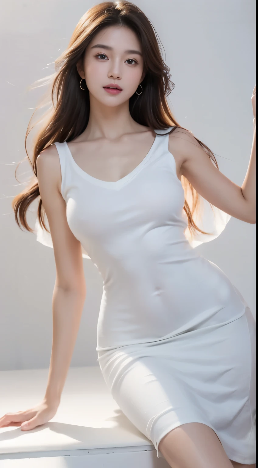 (8K, Raw photo, highest quality, cute face, masterpiece:1.2), Hight Details TAW Color Photography, professional photos, (realistic, realistic:1.37), ((highest quality)), cinematic light, (detailed face:1.2), (masterpiece:1.5), (highest quality:1.2), (Bokeh:1.2), 35mm:1.25, wide angle, high angle:1.2, glamor shot, portrait photography, 1 girl, 19-year-old athlete, alone, white skin, cute, fine skin texture, sparkling skin, Fine, beautiful and delicate face:1.3, Athletic Sportswear, Padded crop top, big natural breasts, thin waist, big pelvis, surreal photo of beautiful woman, golden hair, long legs,(beauty and delicate armor), hug, , delicate white work, Complex filigree, Glittering, belly button, very detailed, intricate details, facial symmetry, masterpiece, award-winning, sharp focus, concept art, discreet key, 8K, UHD, discreet key, octane rendering, Transparent, tight-fitting long white dress, whole bodyを収めた写真,)), ((Light V Neck Midi Tight String Shoulder Sleeveless Cotton Berry Long Dress:1.4)), (whole body:1.4), (high sneakers),charming smile, one leg raised, photo of a person looking up from below,