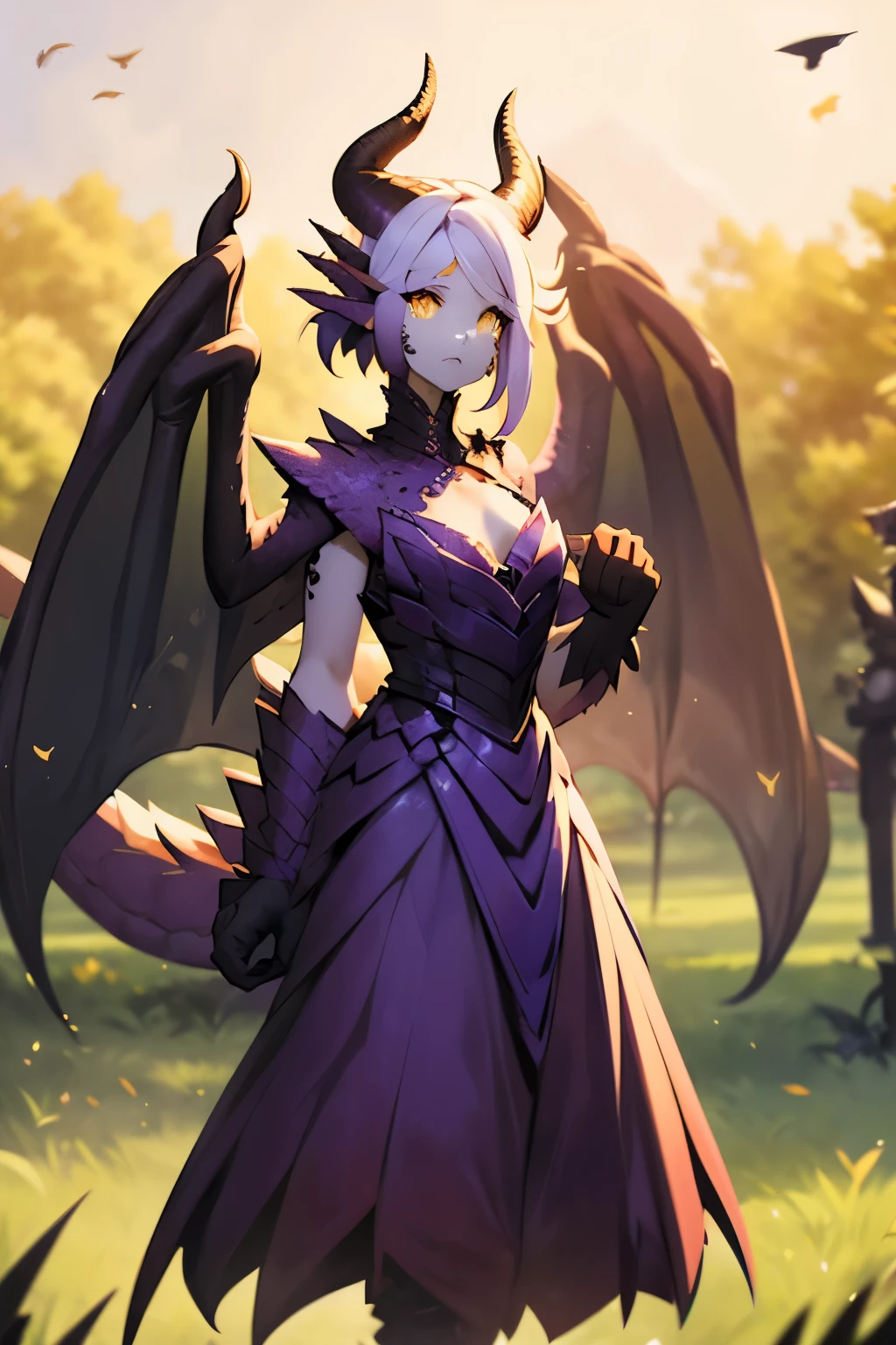 1girl, highly detailed, glowing purple eyes, spiky short yellow hair, demure ornate dress, masterpiece, purple scales, lots of purple scales on face, (orange dragon wings:1.1), medium chest, (yellow dragon horns:1.1), slender clawed hands, grassy field, daytime, slender, weredragon