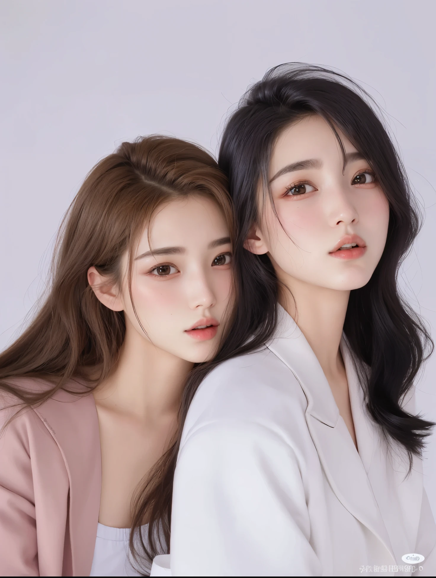 Duas jovens posando para uma foto com vestes brancas, maquiagem sul-coreana popular, maquiagem coreana popular, beautiful Gemini twins portrait, sakimichan, nixeu e sakimichan, cute sci-fi twins, beautiful Gemini twins, with a twin, por Ni Tian, Aesthetics of beautiful faces, rostos lindos, Yanjun Chengt, korean symmetrical face, Duas garotas