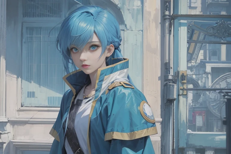Anime characters: Girl with long blue hair, collarless windbreaker, gorgeous hair accessories on the temples, long hair flying in the wind