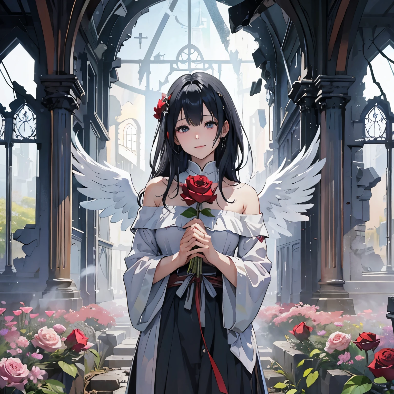 (highest quality、masterpiece、8k)Angel、smile、black hair、One Rose、church、luster、ruins、fog、mysterious、anime、Thick coating