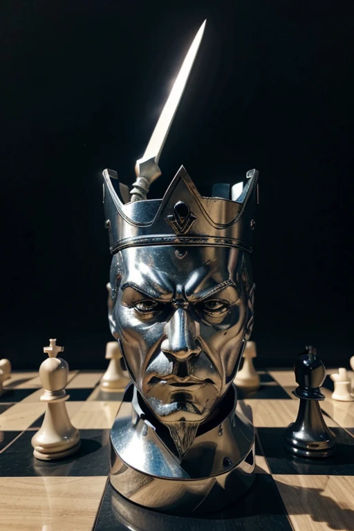 Image of the chess king in the shape of a futuristic piece holding a scepter with an angry face