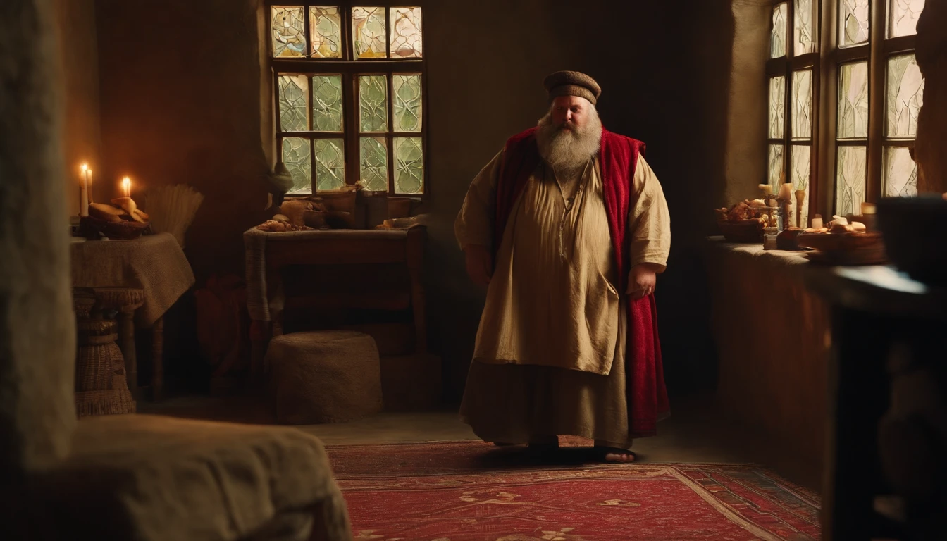 A fat man with a beard and brown hair wearing clothes from the time of Jesus in brown and red and sandals. In the living room of his simple and humble house made of stone, with a confused expression on his face.