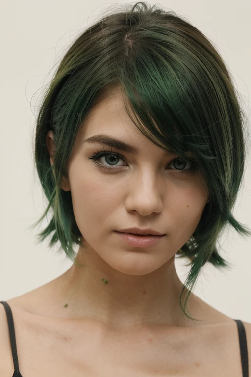 Femme coréenne timide de 21 ans, cheveux verts, 2 nattes mi-hautes, cheveux courts, yeux vert amande, peau claire, maquillage discret, mignon, attitude énergique, ultra haute résolution, ultra-détaillé