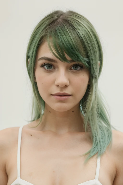 SAME GIRL, SAME FACE, GREEN HAIR, model photo shoot, white background