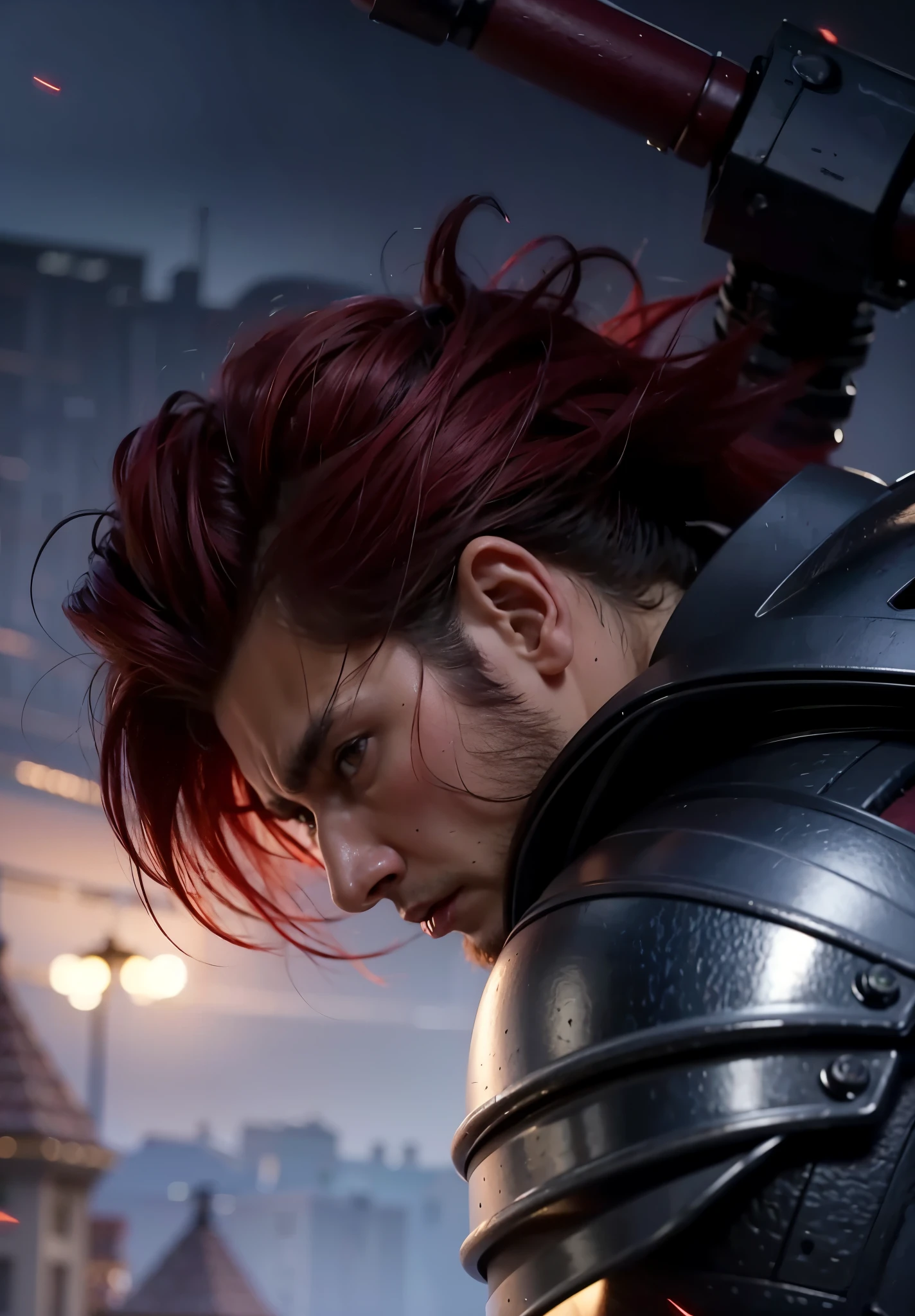 A man with long red hair, long hair, A man angry eyes, A man angry face, Ultra Realistic, Ultra Detailing, Ultra Hd, Hyper Realistic, 8k di 4k ultra hd.