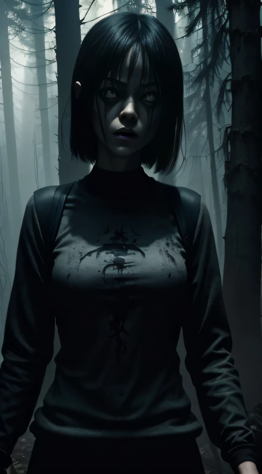 Ugly girl, full - body, Horror, roto, distorted, skye, mist, Smoke, Dark Forest, Shadow creatures, junji ito, Masterpiece, extra high resolution, hiquality, Cinematic lighting,