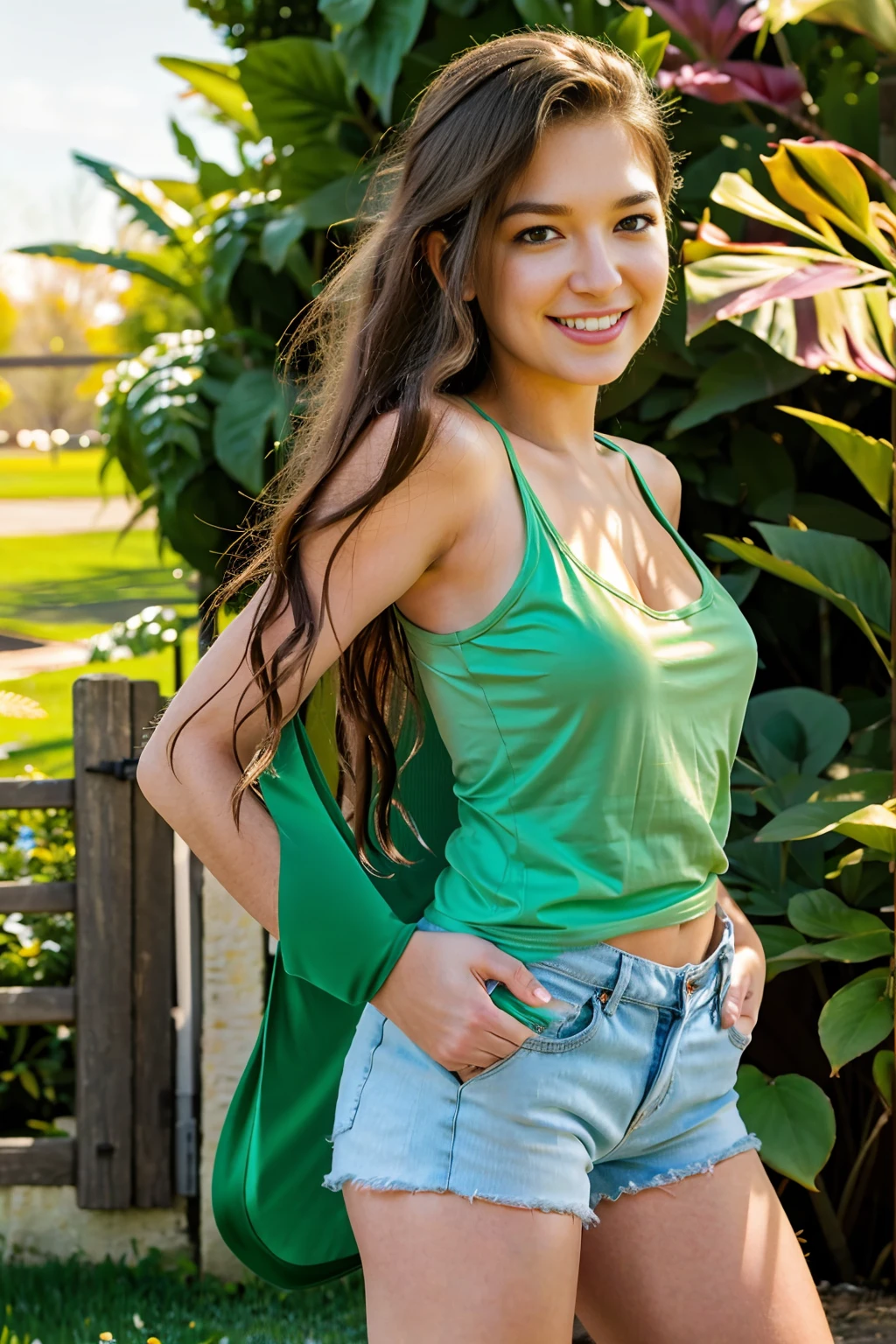 young woman in tank top,cutoff jean shorts,radiant smile,beautiful detailed eyes,loose flowing hair,confident pose,bright sunny day,green garden background,medium:oil painting,ultra-detailed,realistic,vivid colors,warm color palette,soft lighting,bokeh,stunning details