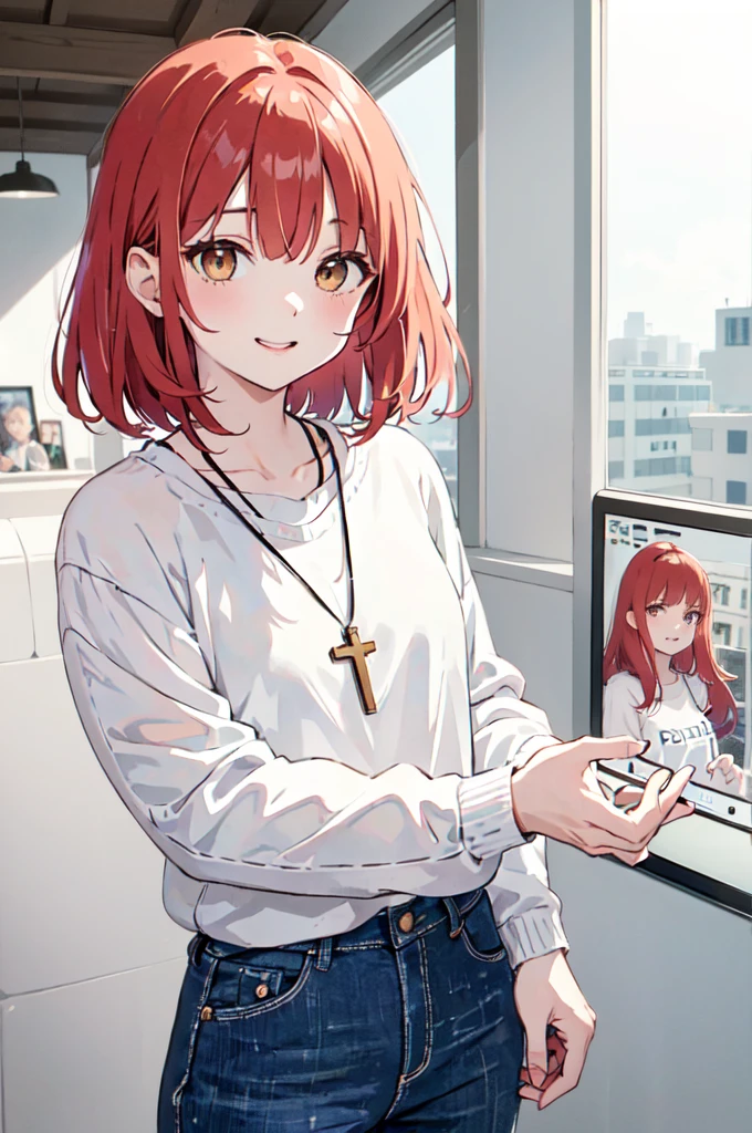 (masterpiece), (best quality), (ultra detailed),(disheveled hair),(illustration), (1woman), (casual clothing), standing, Fashion model, looking at viewer, (interview), (casual background),beautiful brown eyes, delicate beautiful face, ,(high saturation),(colorful splashes),colorful bubble,(shining), focus on face, kamisato ayaka, red hair, bangs, short hair, (shining), best lighting, best shadow. catholic cross necklace. smiling sexy